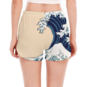 Japanese Ocean Wave Print Women's Split Running Shorts