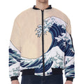 Japanese Ocean Wave Print Zip Sleeve Bomber Jacket