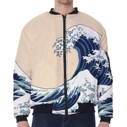 Japanese Ocean Wave Print Zip Sleeve Bomber Jacket