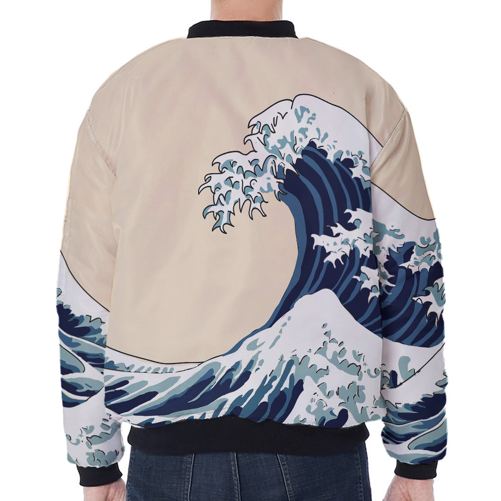 Japanese Ocean Wave Print Zip Sleeve Bomber Jacket