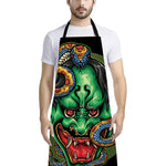Japanese Oni Demon With Snake Print Bib Apron With Pocket