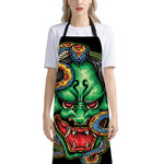 Japanese Oni Demon With Snake Print Bib Apron With Pocket