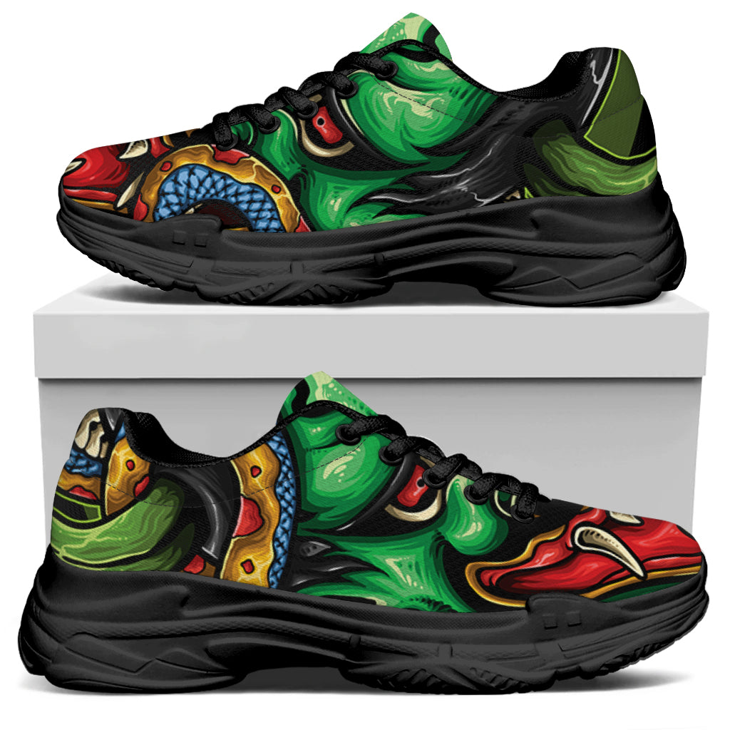 Japanese Oni Demon With Snake Print Black Chunky Shoes