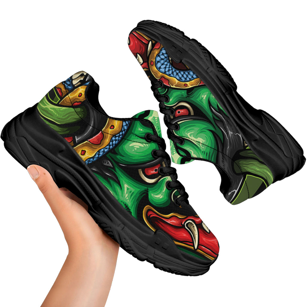 Japanese Oni Demon With Snake Print Black Chunky Shoes