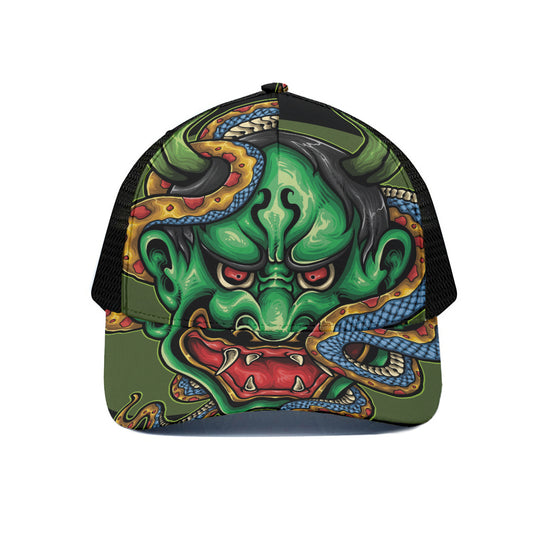Japanese Oni Demon With Snake Print Black Mesh Trucker Cap