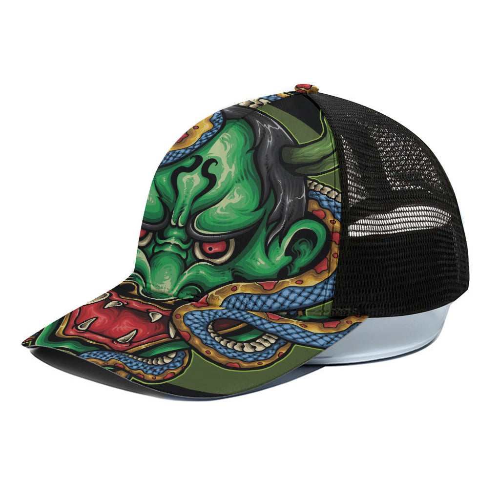 Japanese Oni Demon With Snake Print Black Mesh Trucker Cap