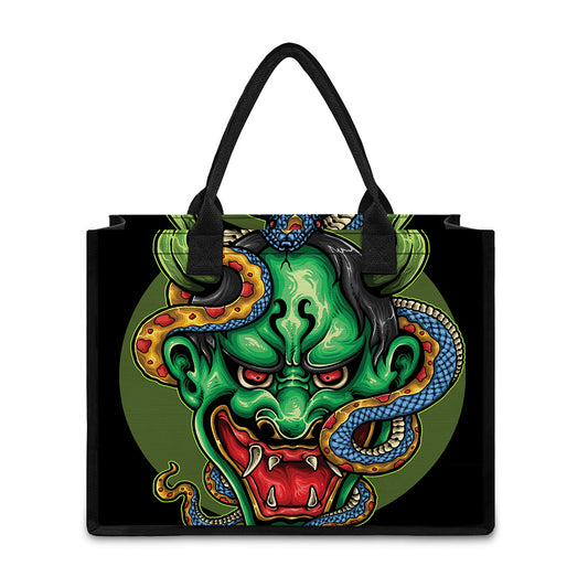 Japanese Oni Demon With Snake Print Canvas Tote Bag