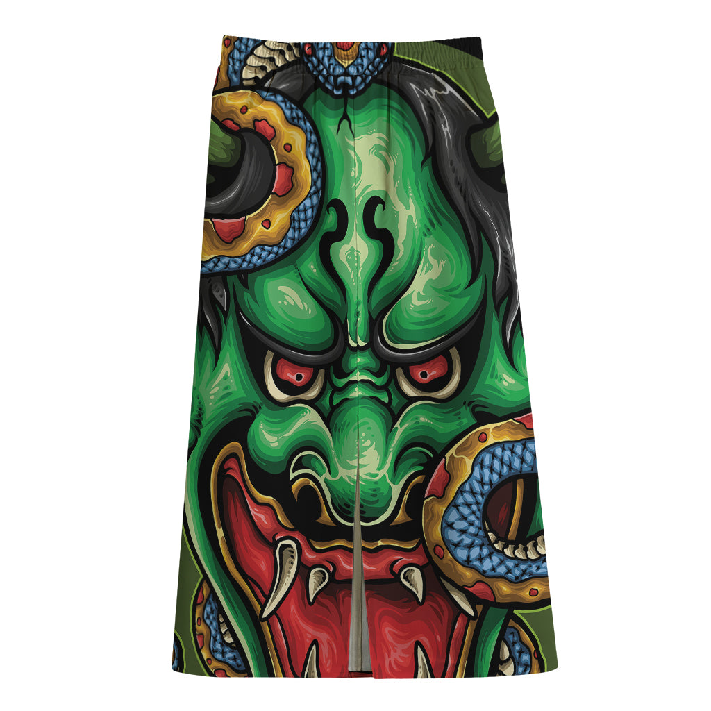 Japanese Oni Demon With Snake Print Cotton Front Slit Maxi Skirt