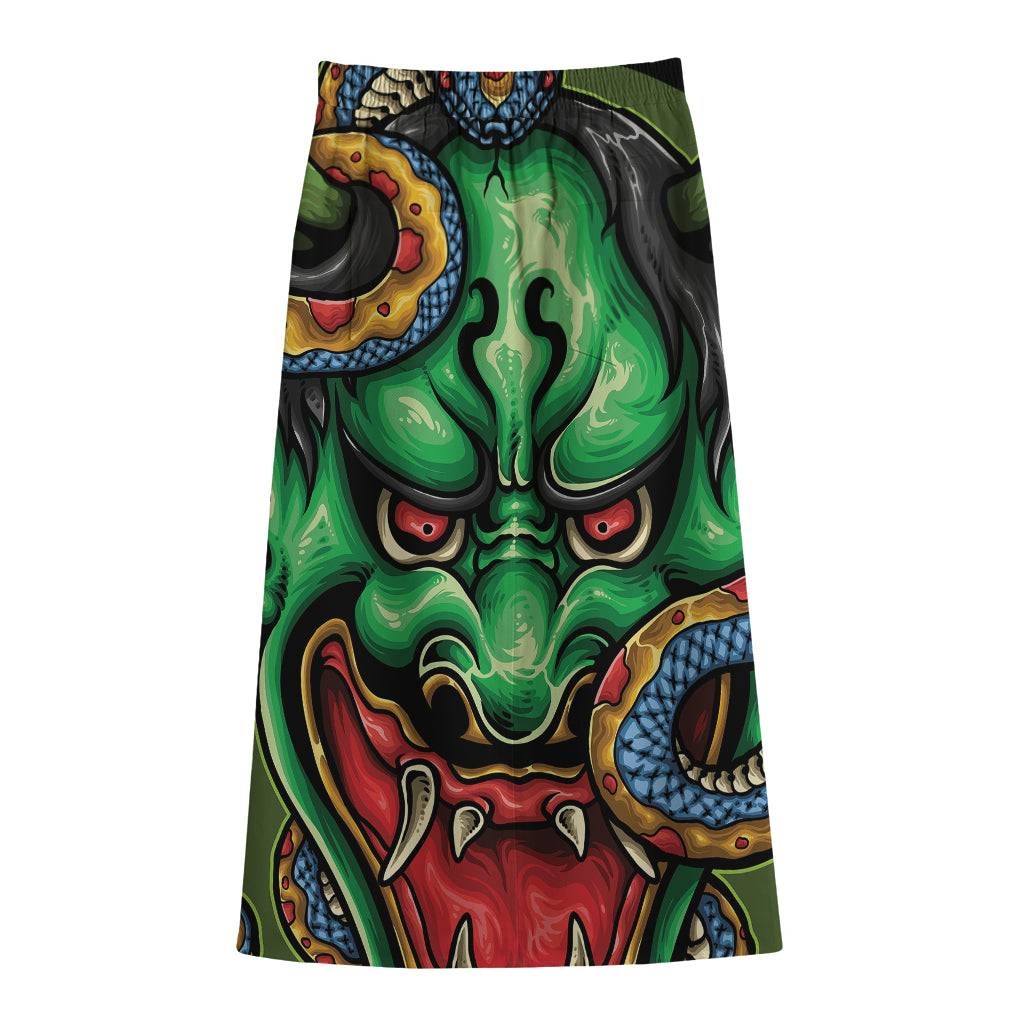 Japanese Oni Demon With Snake Print Cotton Front Slit Maxi Skirt