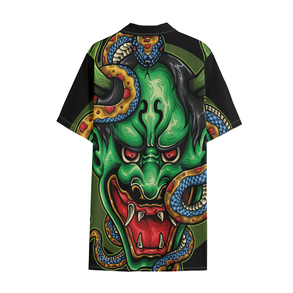 Japanese Oni Demon With Snake Print Cotton Hawaiian Shirt