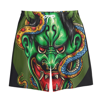 Japanese Oni Demon With Snake Print Cotton Shorts