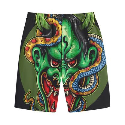 Japanese Oni Demon With Snake Print Cotton Shorts