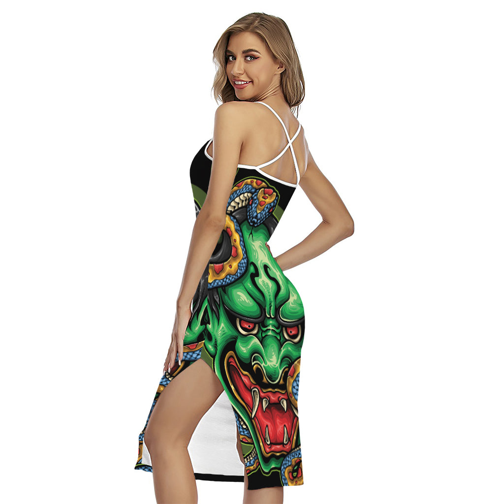 Japanese Oni Demon With Snake Print Cross Back Cami Dress