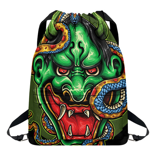 Japanese Oni Demon With Snake Print Drawstring Backpack