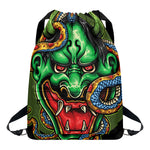 Japanese Oni Demon With Snake Print Drawstring Backpack