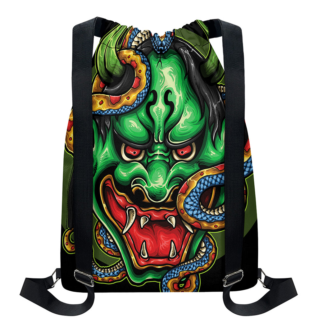 Japanese Oni Demon With Snake Print Drawstring Backpack