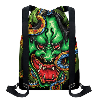 Japanese Oni Demon With Snake Print Drawstring Backpack