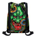 Japanese Oni Demon With Snake Print Drawstring Backpack