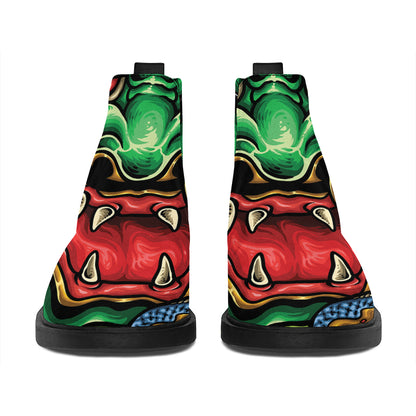 Japanese Oni Demon With Snake Print Flat Ankle Boots