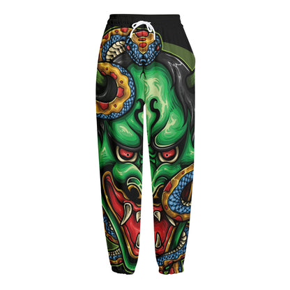 Japanese Oni Demon With Snake Print Fleece Lined Knit Pants