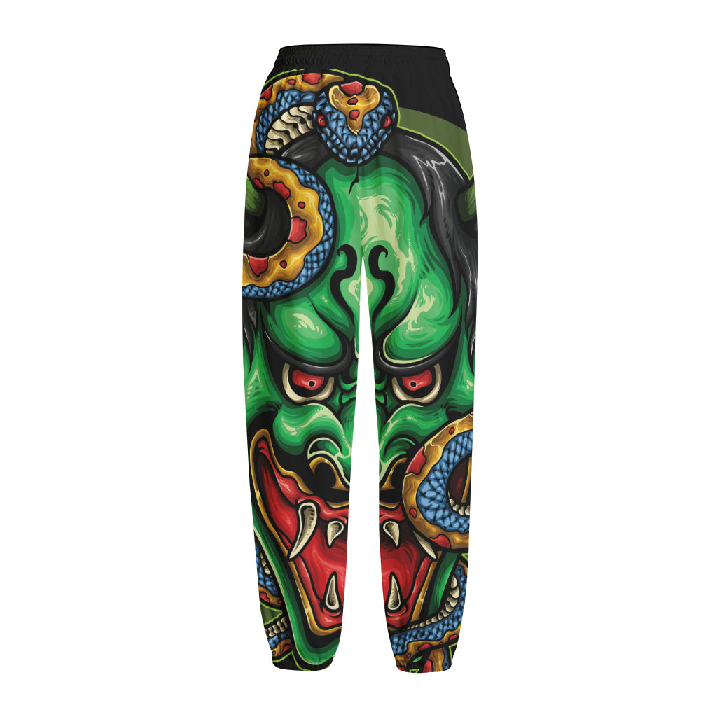 Japanese Oni Demon With Snake Print Fleece Lined Knit Pants