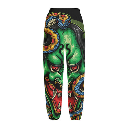 Japanese Oni Demon With Snake Print Fleece Lined Knit Pants
