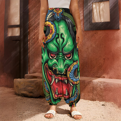 Japanese Oni Demon With Snake Print Harem Pants