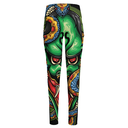 Japanese Oni Demon With Snake Print High-Waisted Pocket Leggings