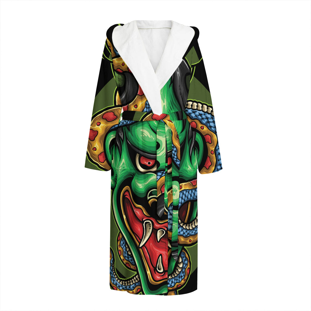 Japanese Oni Demon With Snake Print Hooded Bathrobe