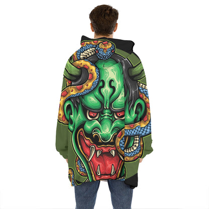 Japanese Oni Demon With Snake Print Hoodie Blanket