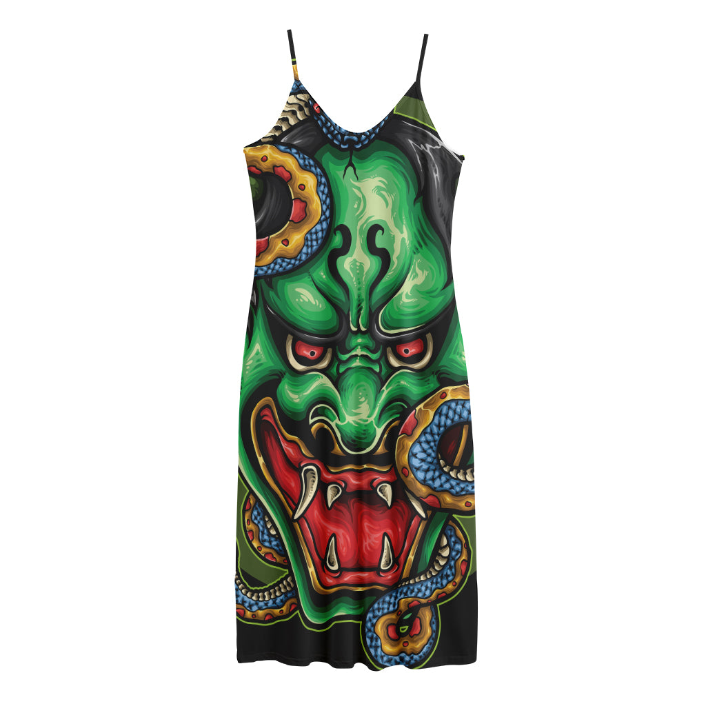 Japanese Oni Demon With Snake Print Jersey Midi Cami Dress