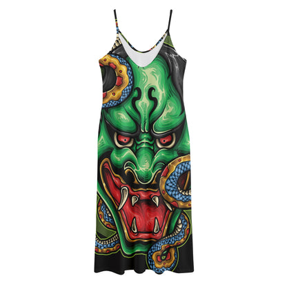 Japanese Oni Demon With Snake Print Jersey Midi Cami Dress