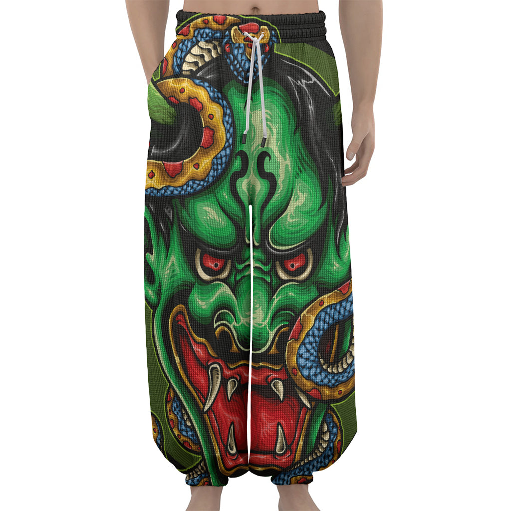 Japanese Oni Demon With Snake Print Lantern Pants