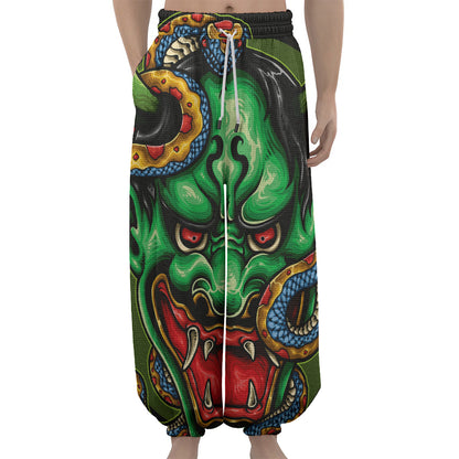 Japanese Oni Demon With Snake Print Lantern Pants