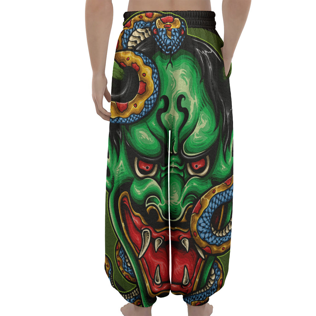Japanese Oni Demon With Snake Print Lantern Pants