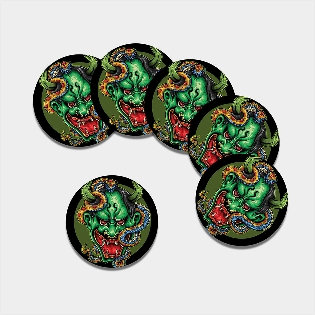 Japanese Oni Demon With Snake Print Leather Coaster Set