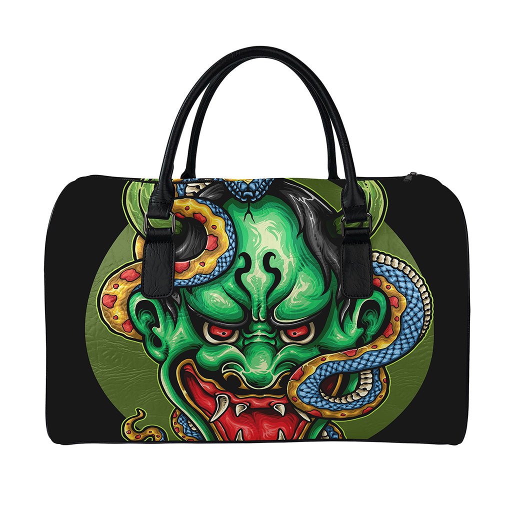 Japanese Oni Demon With Snake Print Leather Duffle Bag