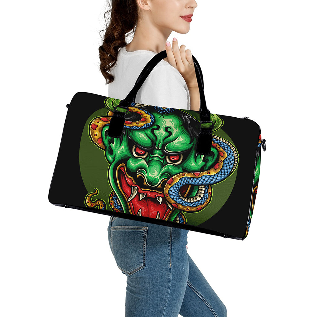 Japanese Oni Demon With Snake Print Leather Duffle Bag