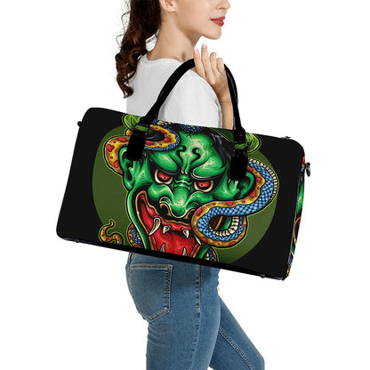Japanese Oni Demon With Snake Print Leather Duffle Bag