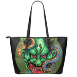 Japanese Oni Demon With Snake Print Leather Tote Bag