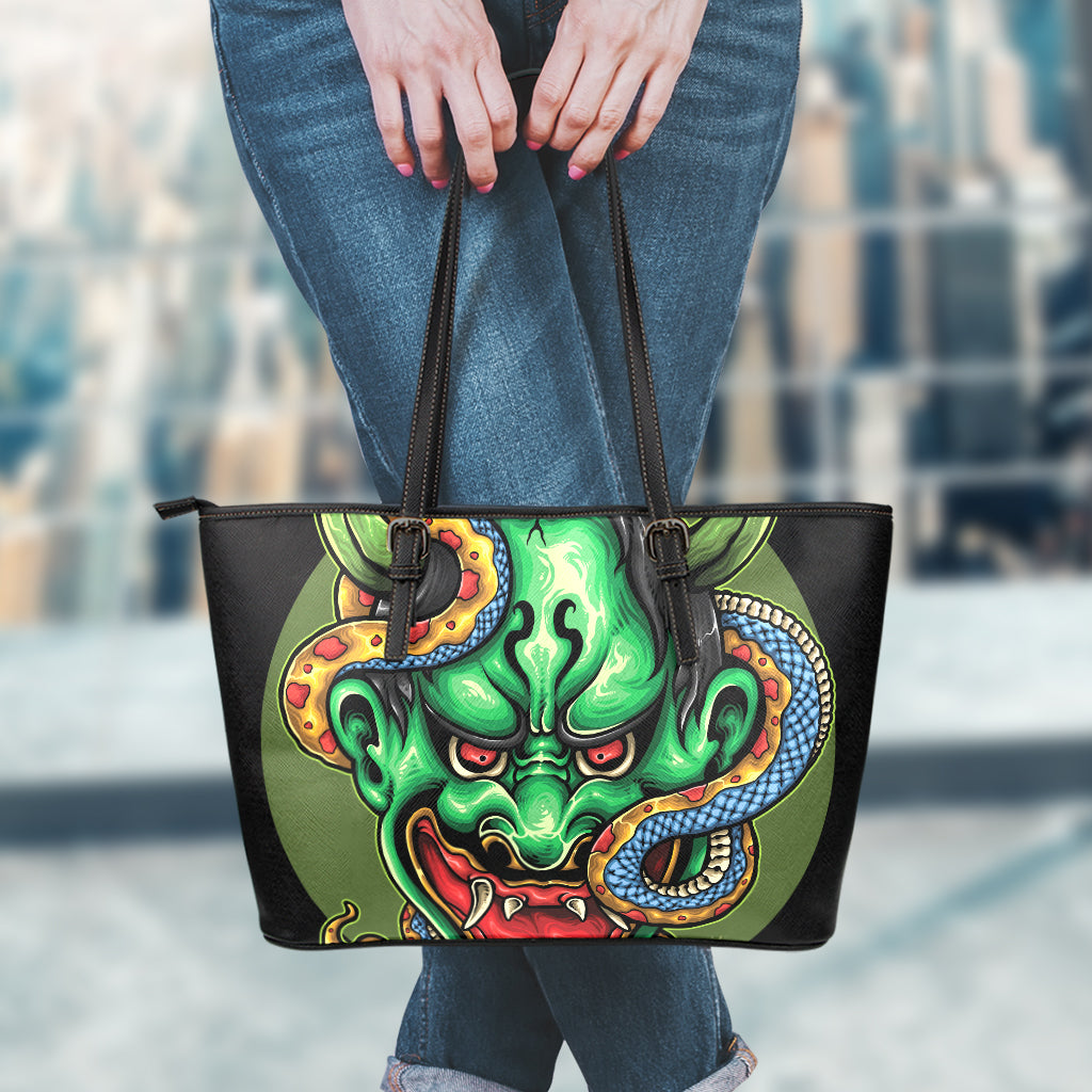 Japanese Oni Demon With Snake Print Leather Tote Bag