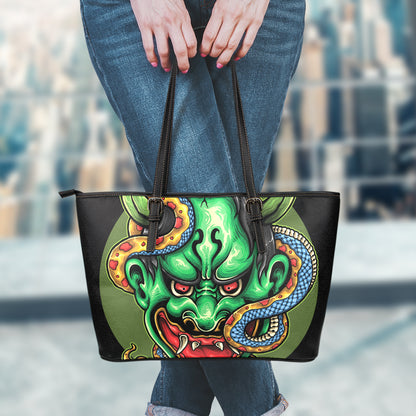 Japanese Oni Demon With Snake Print Leather Tote Bag