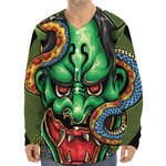 Japanese Oni Demon With Snake Print Long Sleeve Baseball Jersey