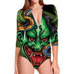 Japanese Oni Demon With Snake Print Long Sleeve Swimsuit