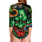 Japanese Oni Demon With Snake Print Long Sleeve Swimsuit