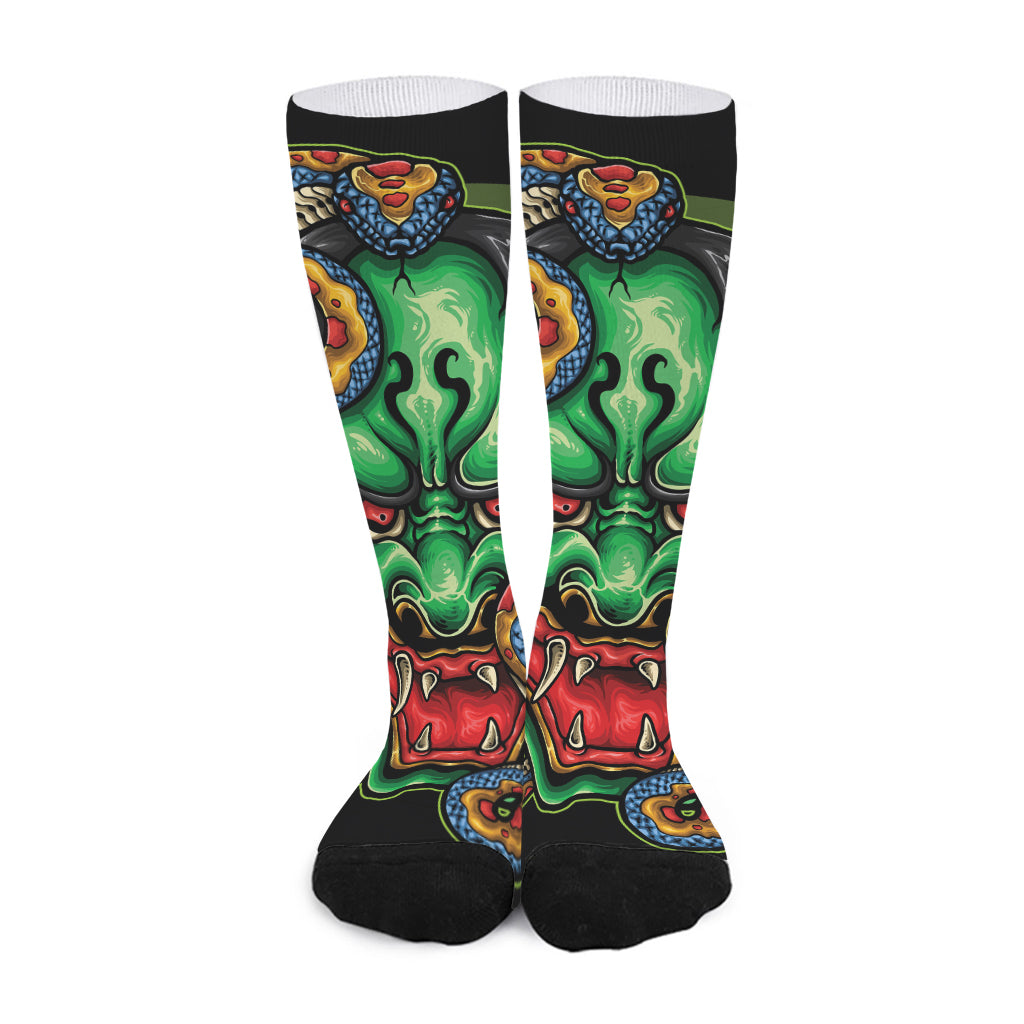 Japanese Oni Demon With Snake Print Long Socks