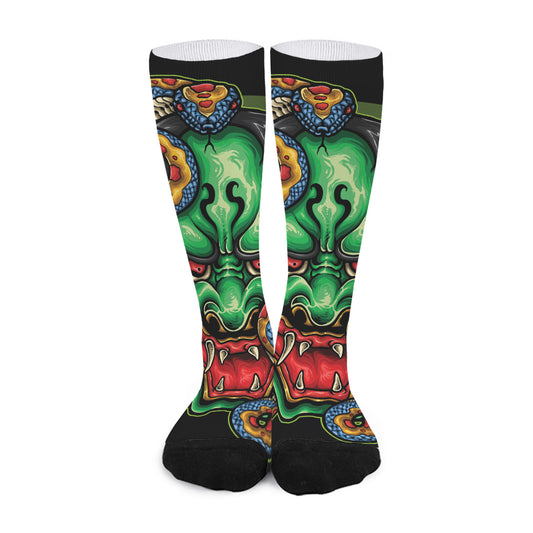 Japanese Oni Demon With Snake Print Long Socks