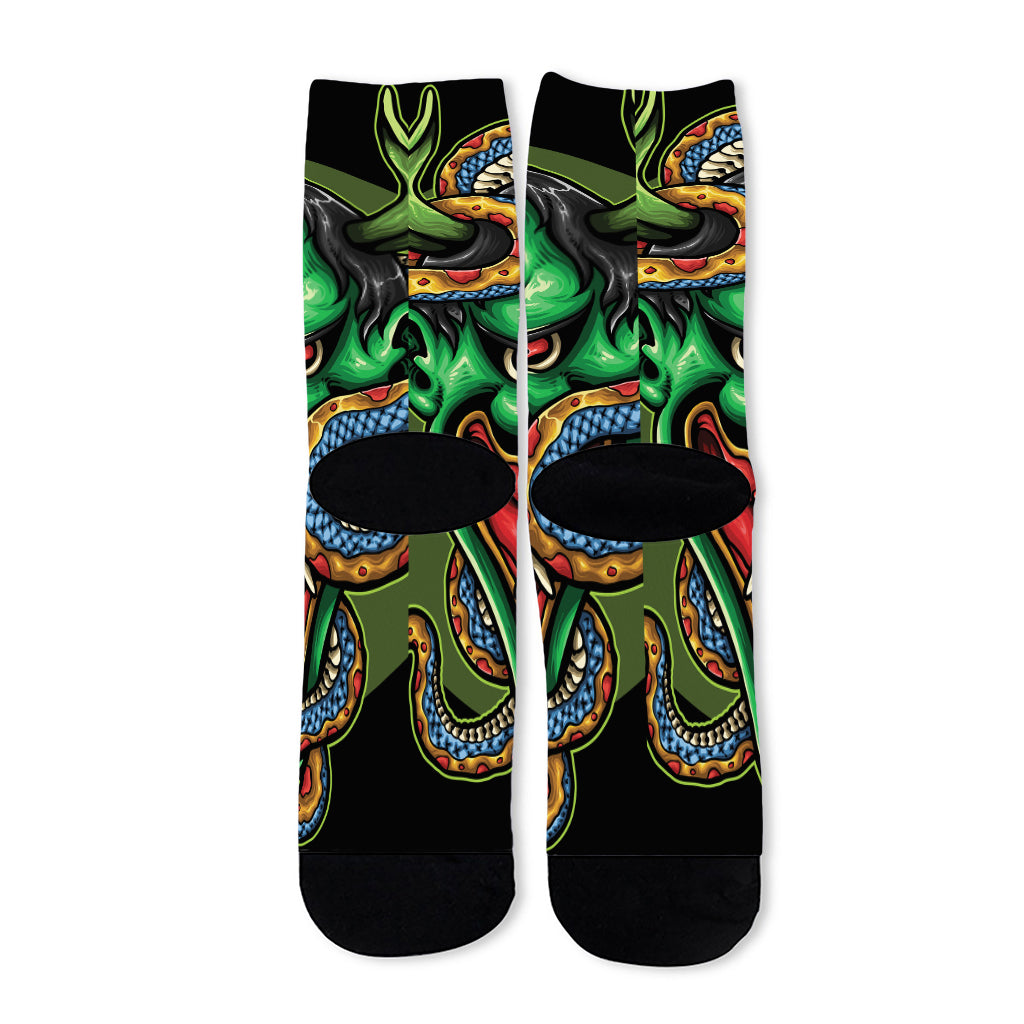Japanese Oni Demon With Snake Print Long Socks