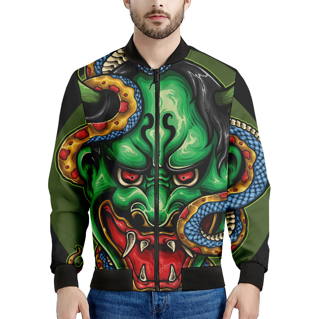 Japanese Oni Demon With Snake Print Men's Bomber Jacket
