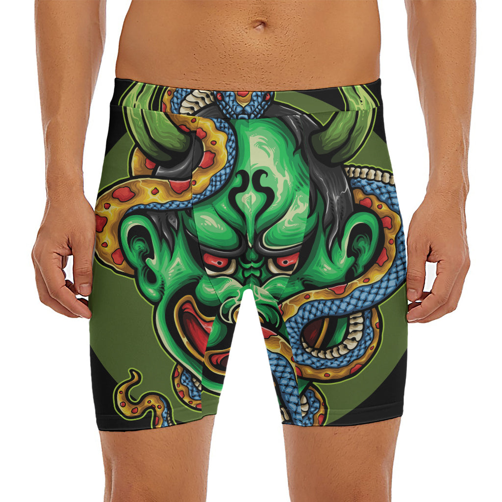 Japanese Oni Demon With Snake Print Men's Long Boxer Briefs